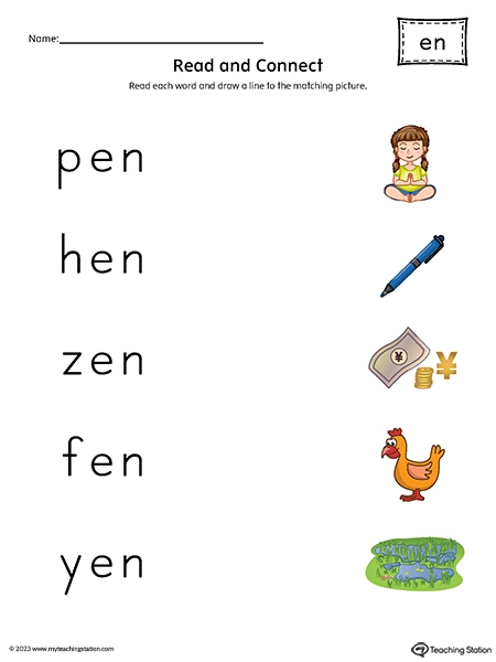 Worksheet for practicing "en" family words for kindergarten students