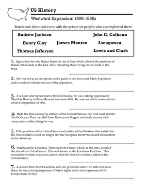 US History Westward Expansion notable people matching worksheet 17 Fifth grade history worksheet about Westward Expansion famous figures quiz