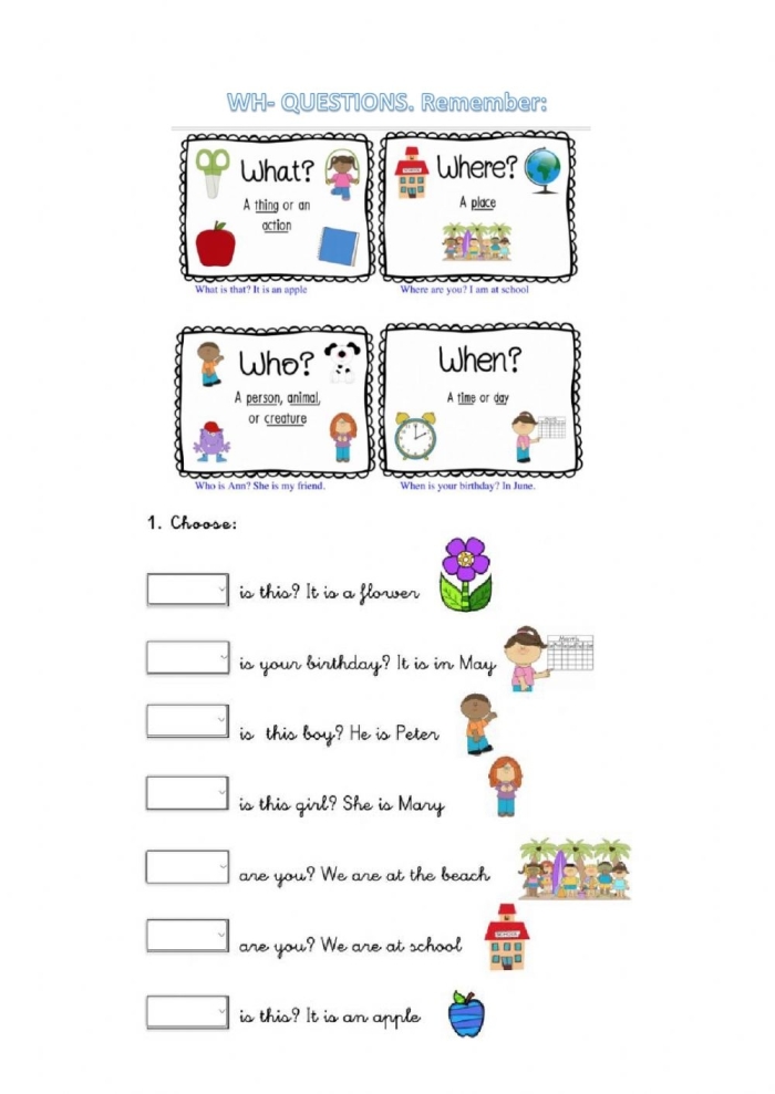 Worksheet for identifying words that begin with the wh sound for young learners
