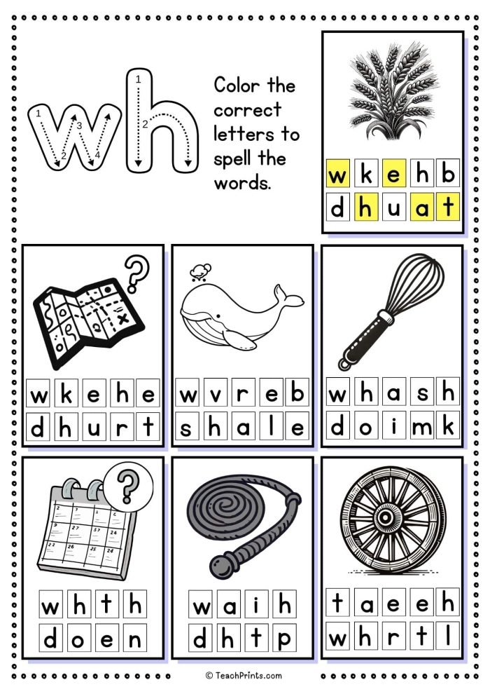 Worksheet focusing on words that begin with the wh sound for early readers