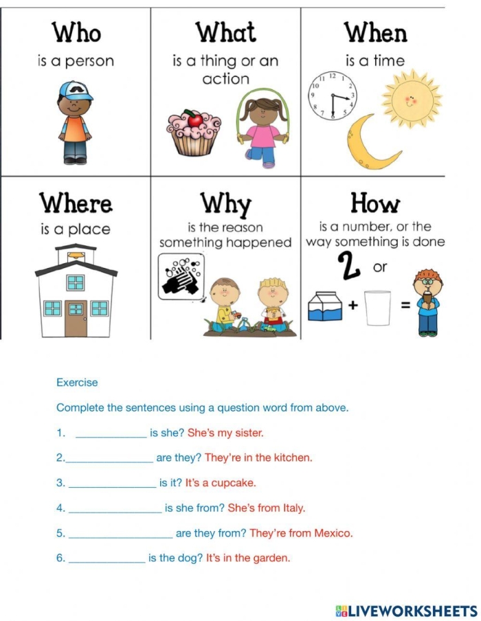Second grade students practicing wh question words including who what where why and when on grammar worksheet 14