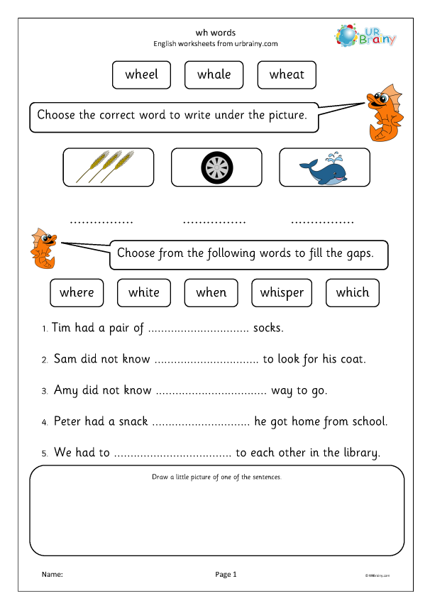 Second grade grammar worksheet showing wh question words with fill-in-the-blank practice exercises