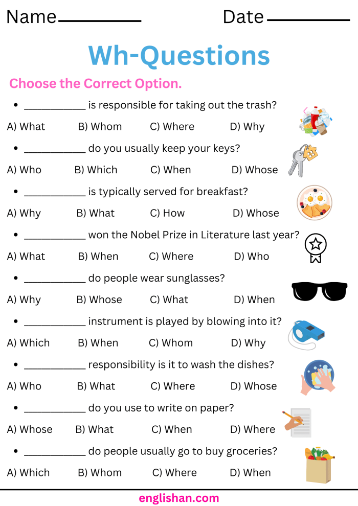 Second grade grammar worksheet focusing on practicing the five Wh words who what where why and when