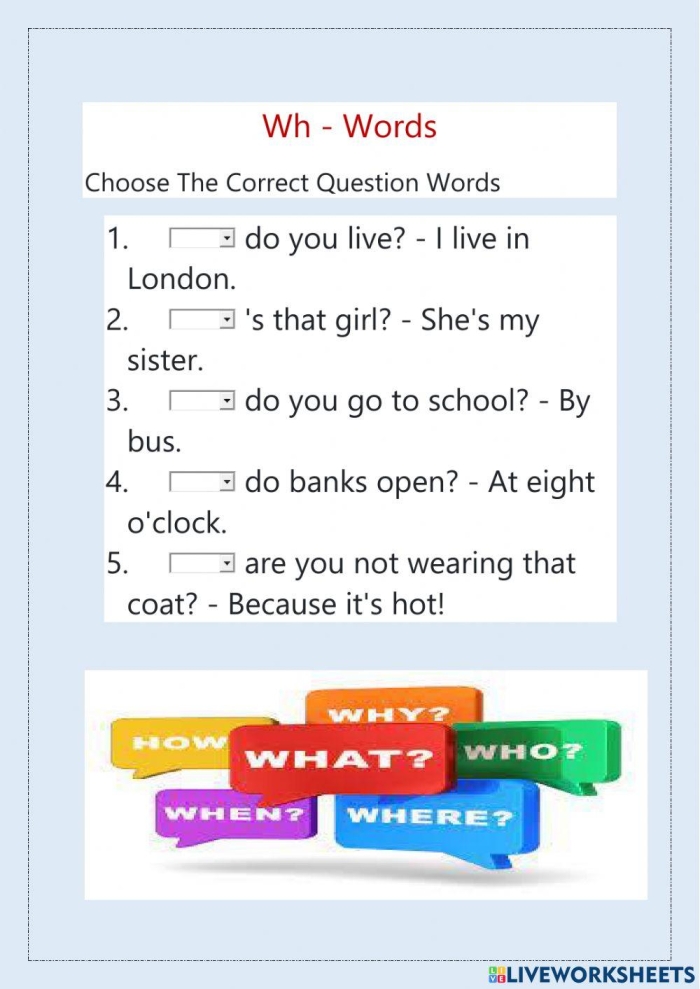 Second grade student completing a practice worksheet about Who What Where Why and When question words