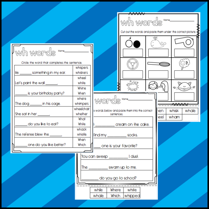 Second grade student working on a printable worksheet about who what where why and when question words