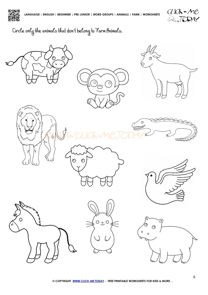 Kindergarten worksheet featuring a farmer and farm animals with silly items to find and color