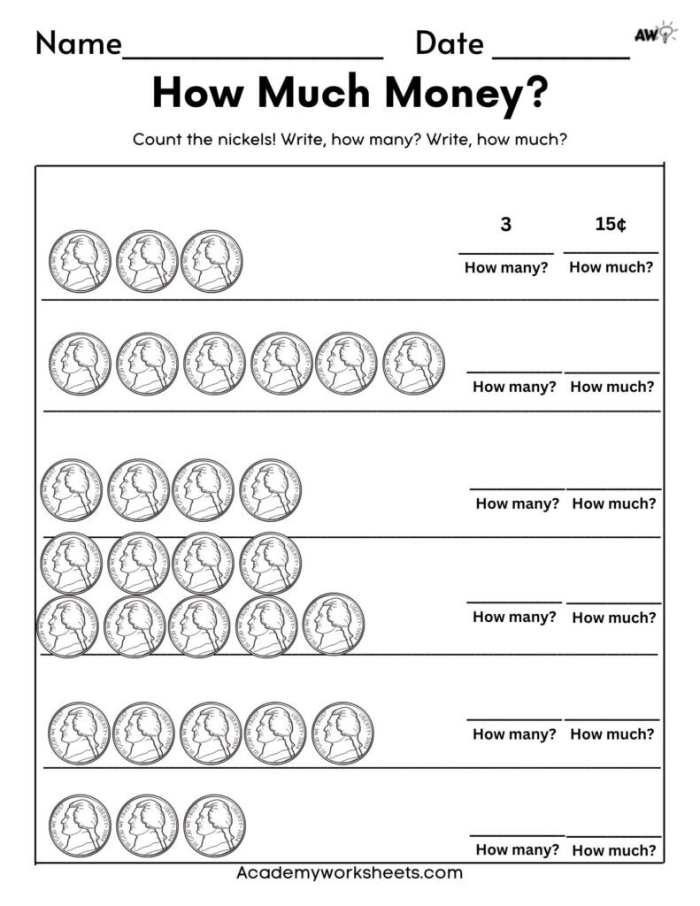 Worksheet illustrating the concept of a nickel for second graders