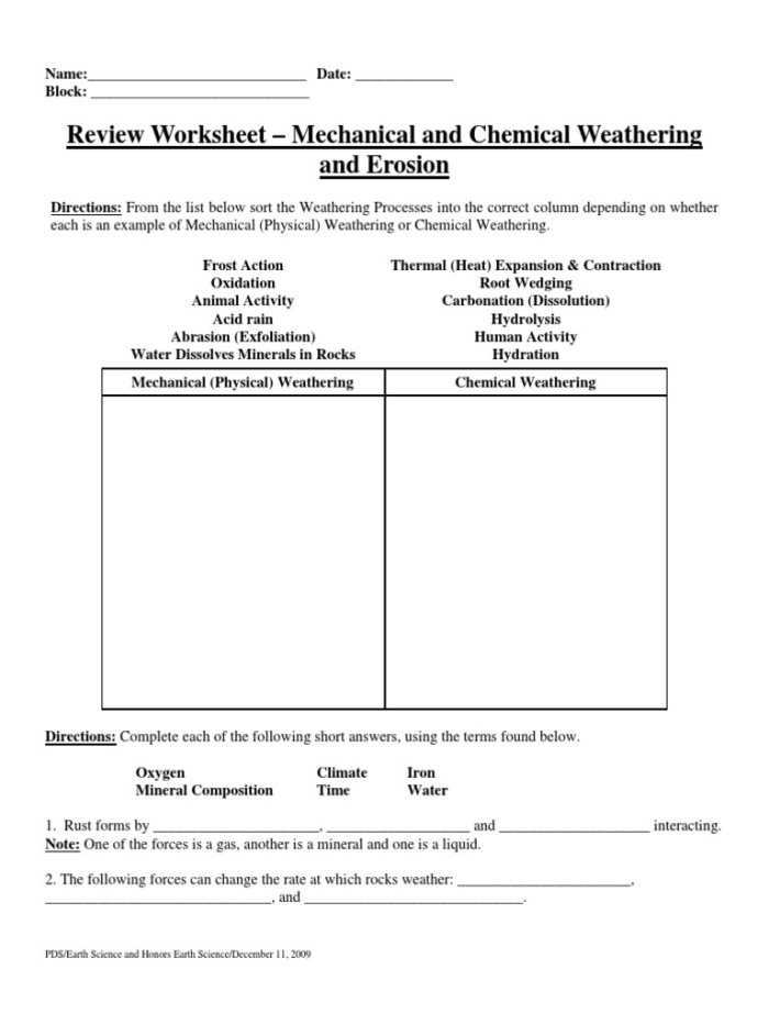 Third grade science worksheet explaining the differences between weathering and erosion in Spanish