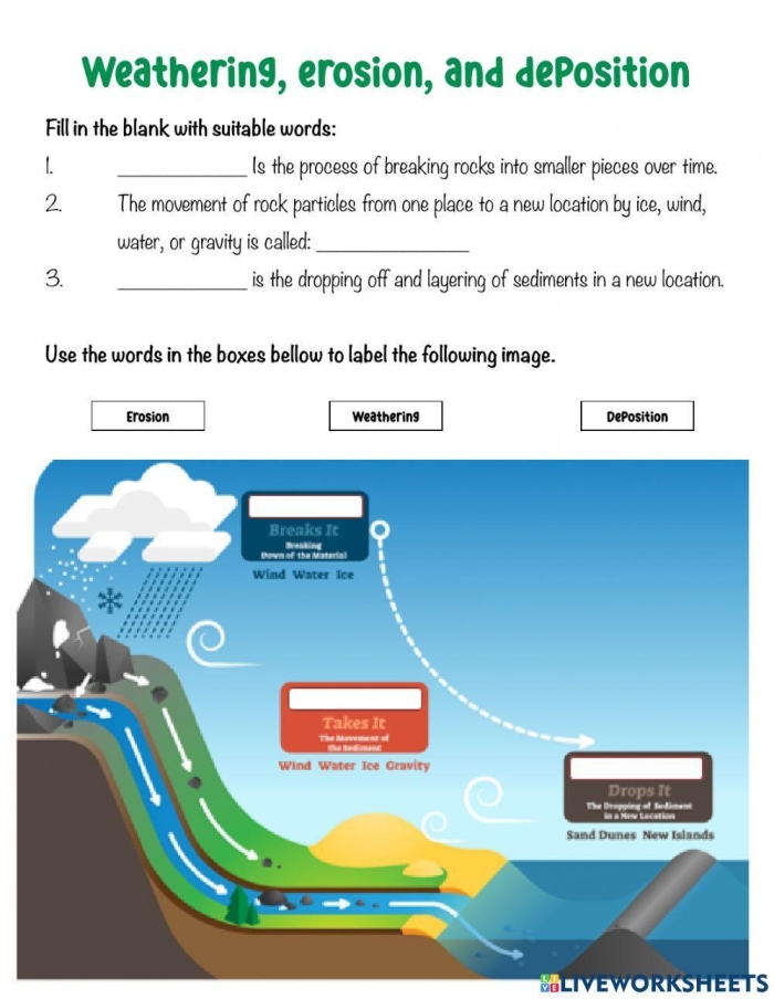 Third grade Spanish worksheet explaining the difference between weathering and erosion with visual diagrams