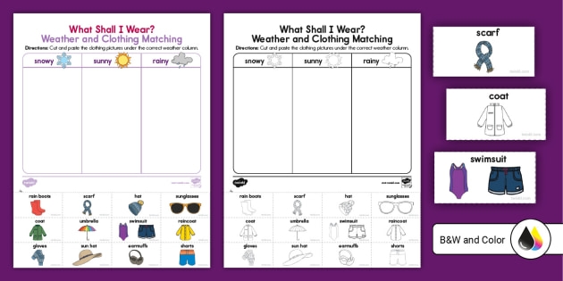 Children's worksheet depicting clothing choices for different weather conditions