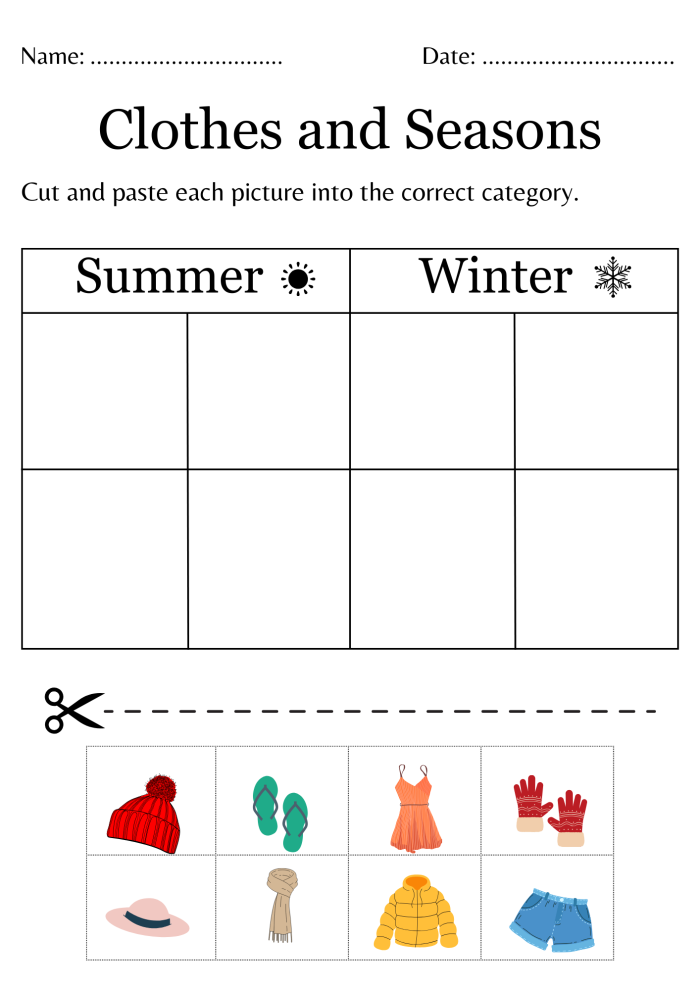 Colorful worksheet for kids to match clothing with weather conditions