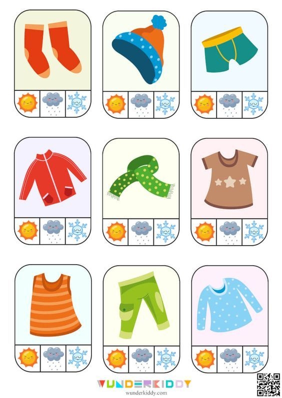 A colorful worksheet for matching clothing to different weather scenarios for kids. What to Wear Weather Worksheet for Pre-K Geometry Learning.