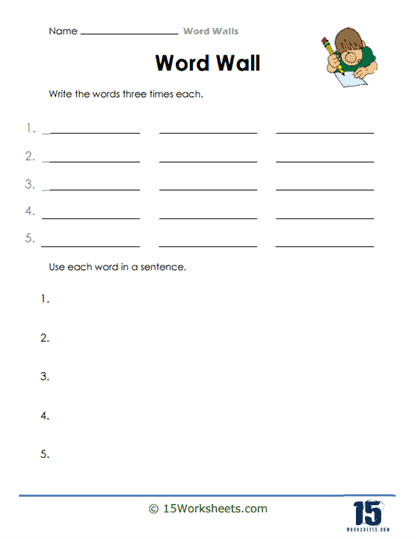 Children searching for words that fit clues in the What's on the Word Wall? worksheet