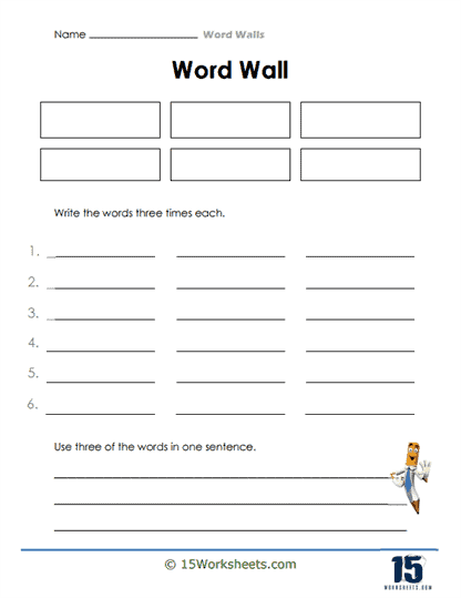 First grade students engaging with the "What's on the Word Wall?" addition worksheet, searching for words that fit the clues. Image showcasing a fun word wall game designed to enhance vocabulary and addition skills.