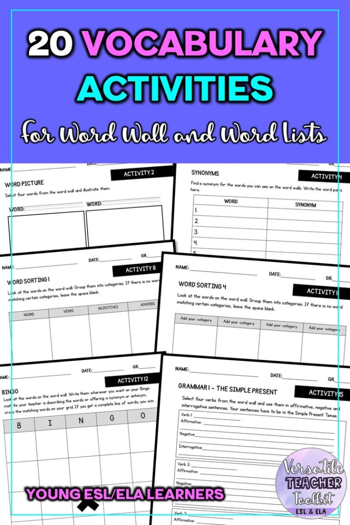 Children engaging in a word wall game, searching for words that correspond with the clues provided. Worksheet titled "What's on the Word Wall?" focused on addition for first graders.