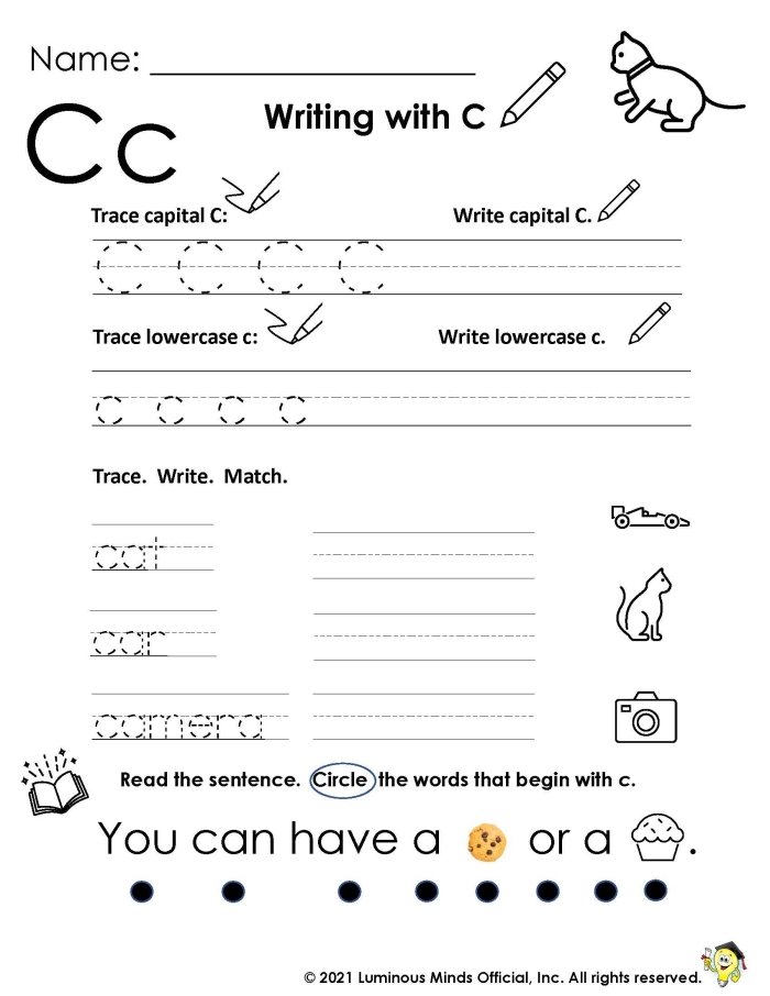 Preschool worksheet featuring object identification exercises for the letter C
