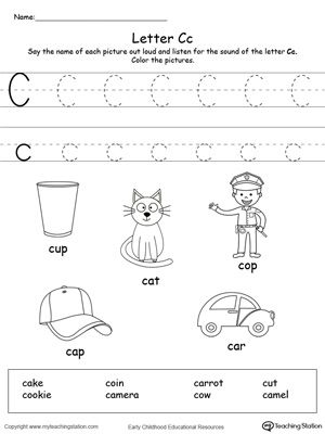 Worksheet featuring the letter C objects for early reading skills