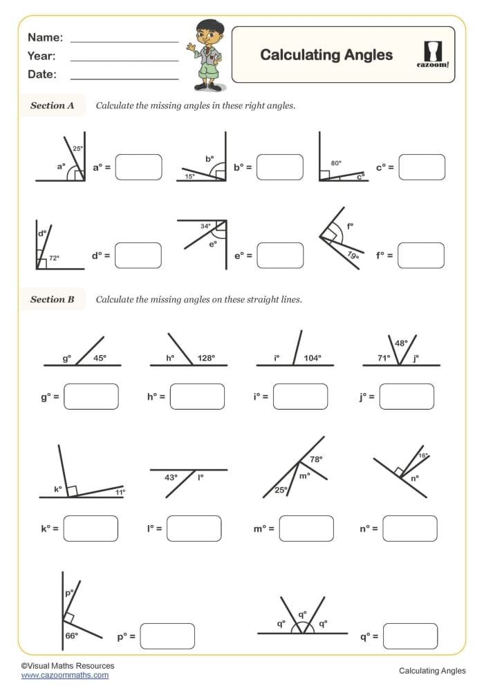 What's the Angle? worksheet for fourth grade geometry students Worksheet for finding missing angles in a geometry exercise for fourth graders