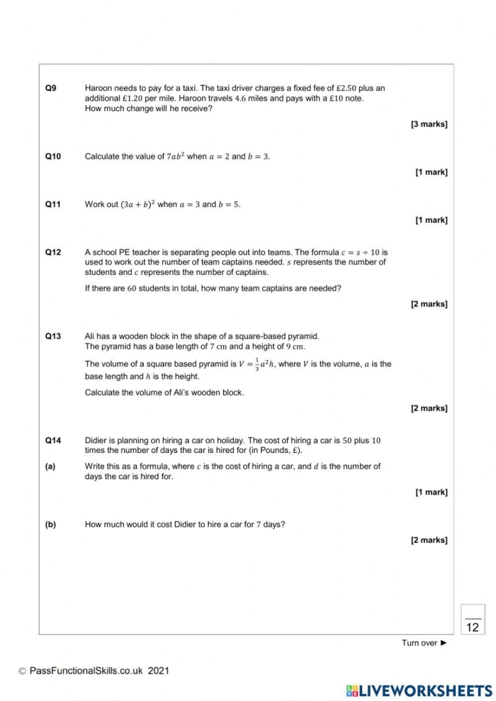Measurement worksheet for Fifth Grade Worksheet showing cubes with missing length, width, and height values for fifth graders to fill in. What's the Formula? worksheet for measuring cube dimensions in fifth grade.