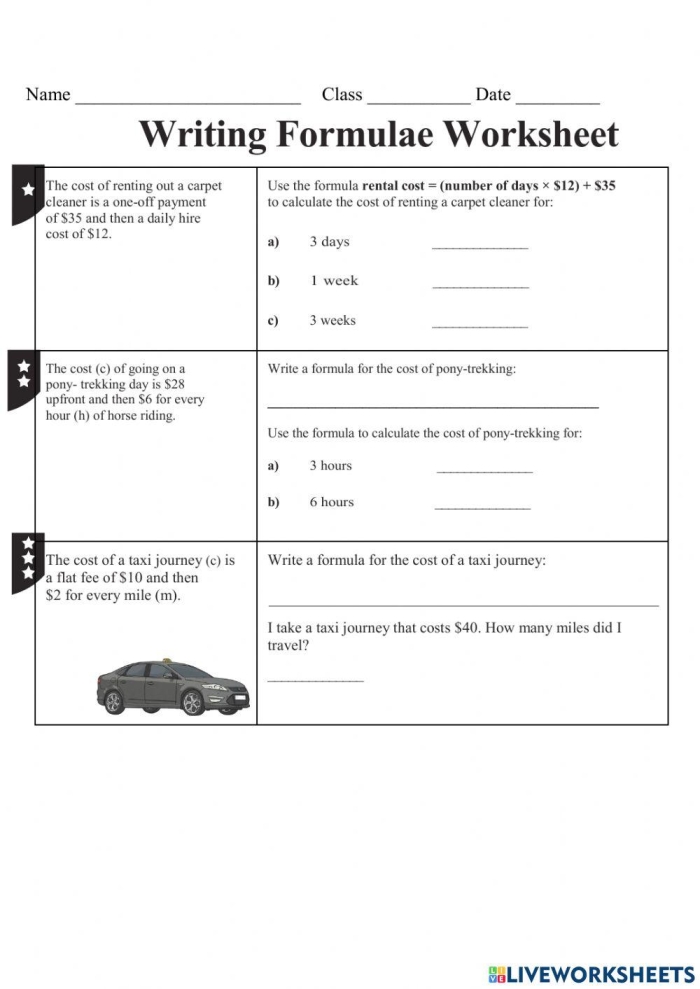 Educational activity titled "What's the Formula?" for learning measurements. Worksheet for fifth graders to fill in missing dimensions of cubes.