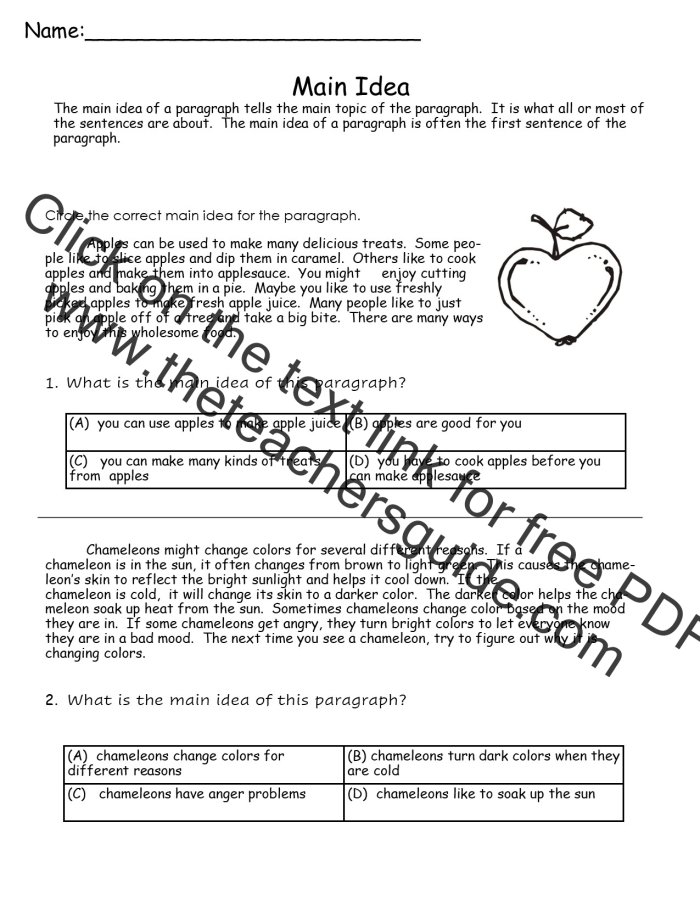 Second grade reading worksheet focused on identifying the main idea of short paragraphs