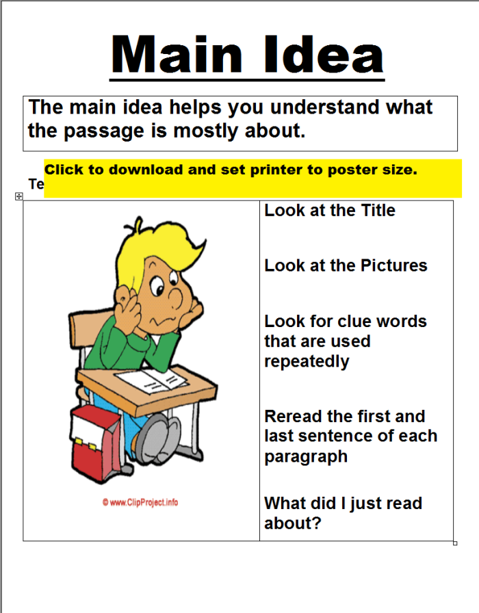 Second-grade students engaging with the "What's the Main Idea?" worksheet, circling key statements. Educational worksheet for identifying main ideas in reading comprehension.