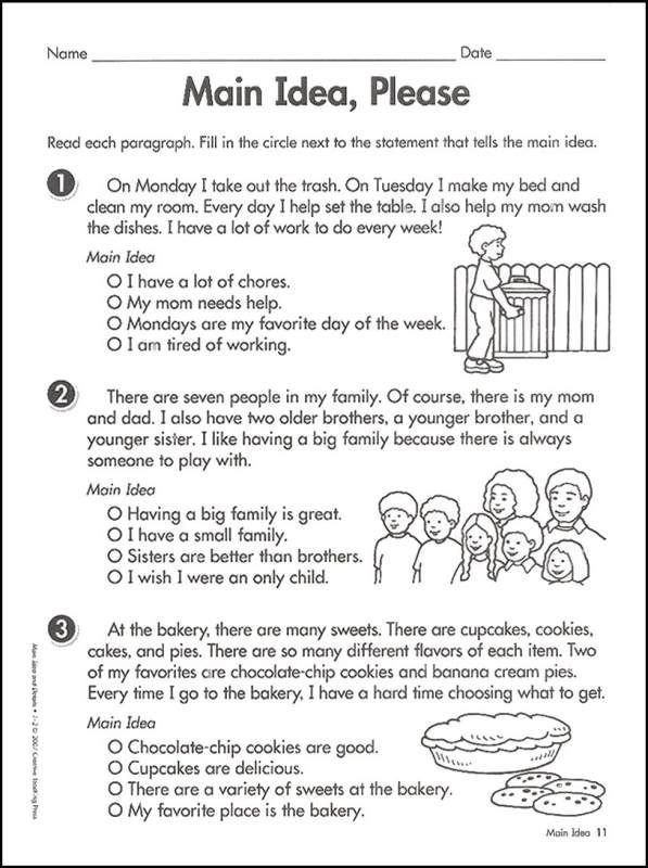 Worksheet for identifying the main idea in reading paragraphs for second graders