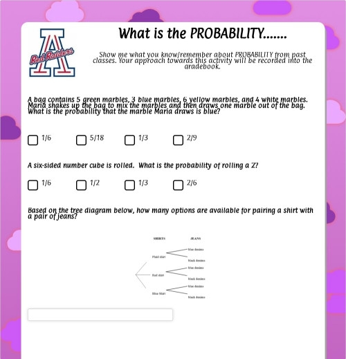 Seventh grade math worksheet featuring probability problems and mixed operations for student practice