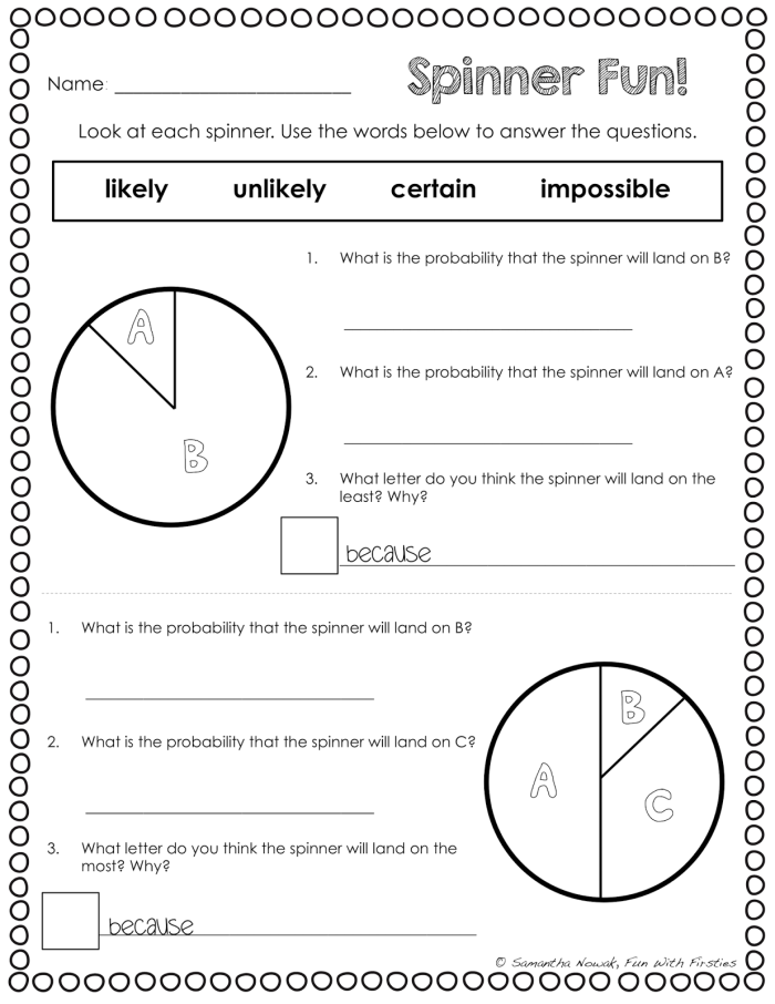 Seventh grade math worksheet featuring mixed operations problems to calculate the probability of simple scenarios