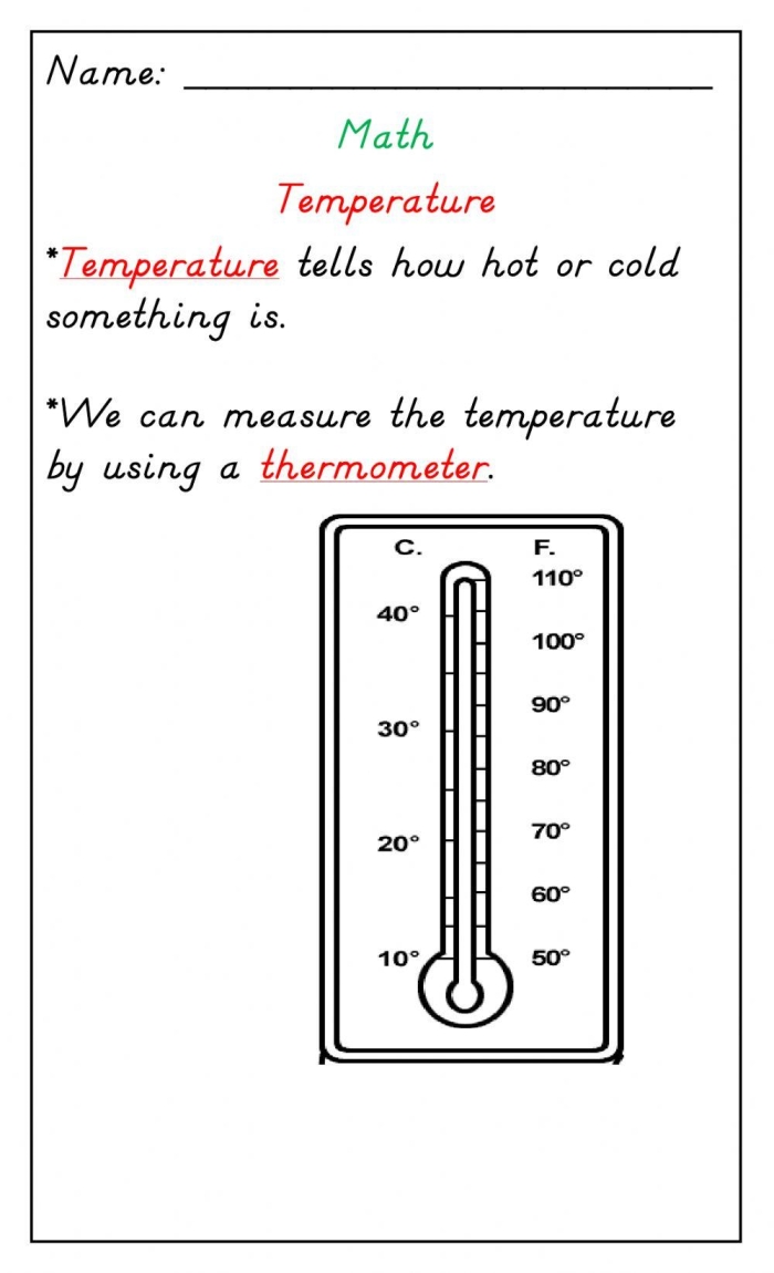 Reading worksheet for First Grade First grade students reading a thermometer to determine the temperature on a chilly day. What's the Temperature? worksheet for practicing reading skills.