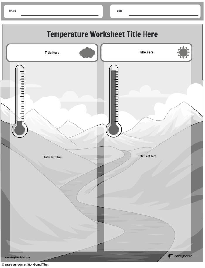 Illustration of a worksheet where children practice measuring temperature First graders learning to read thermometers on the "What's the Temperature?" worksheet