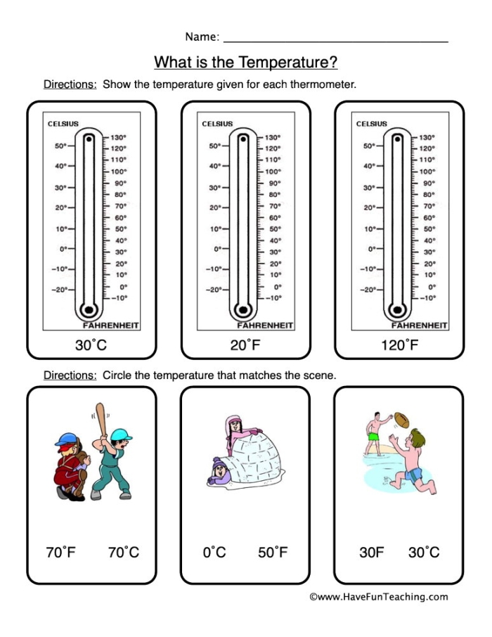 Reading worksheet for First Grade Worksheet for first graders to read thermometers and determine temperatures. What's the Temperature? educational activity for young learners.
