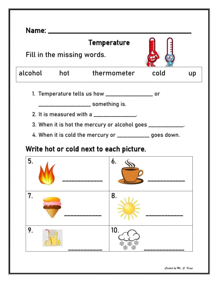 Engaging thermometer reading activity for first graders in the What's the Temperature? worksheet First grade students reading a thermometer to learn about temperature in the What's the Temperature? worksheet