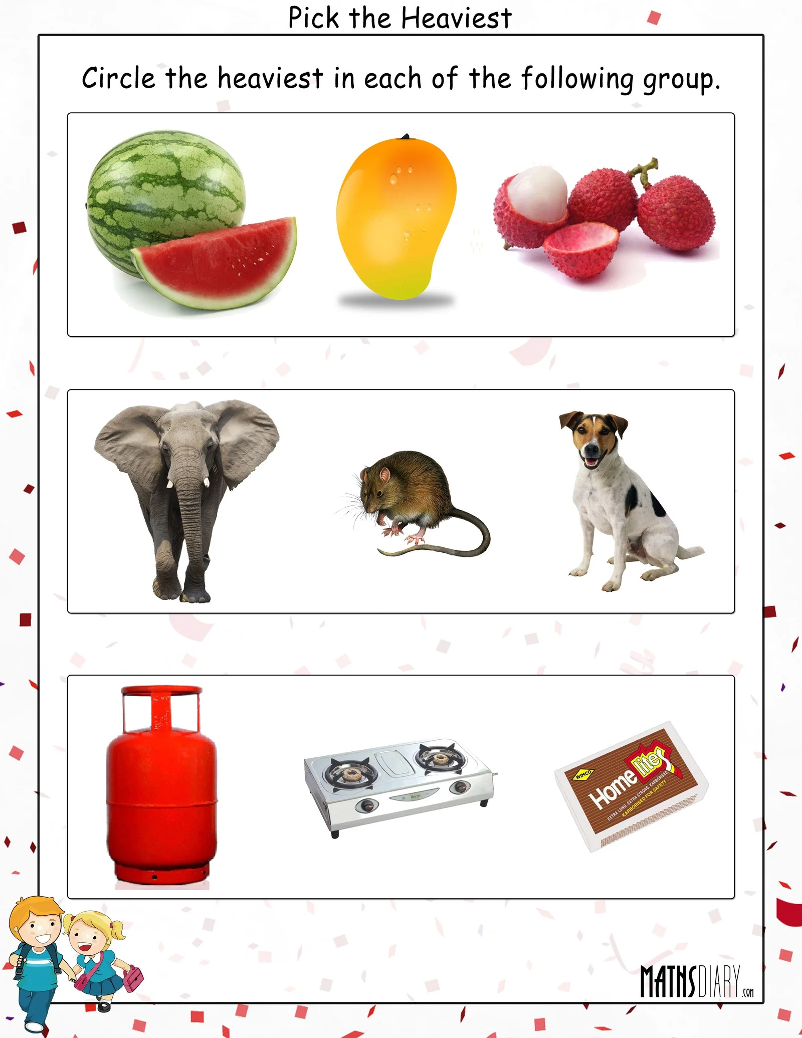 Worksheet showing children ranking objects by weight from lightest to heaviest