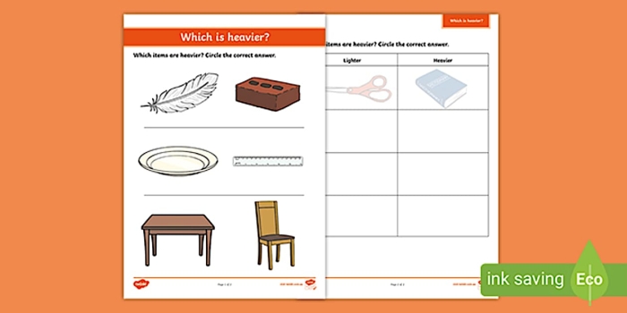 Worksheet for young learners comparing weights of objects from lightest to heaviest