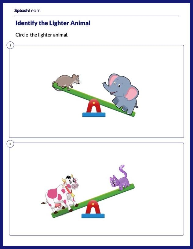 Worksheet for young learners comparing weights of objects from light to heavy