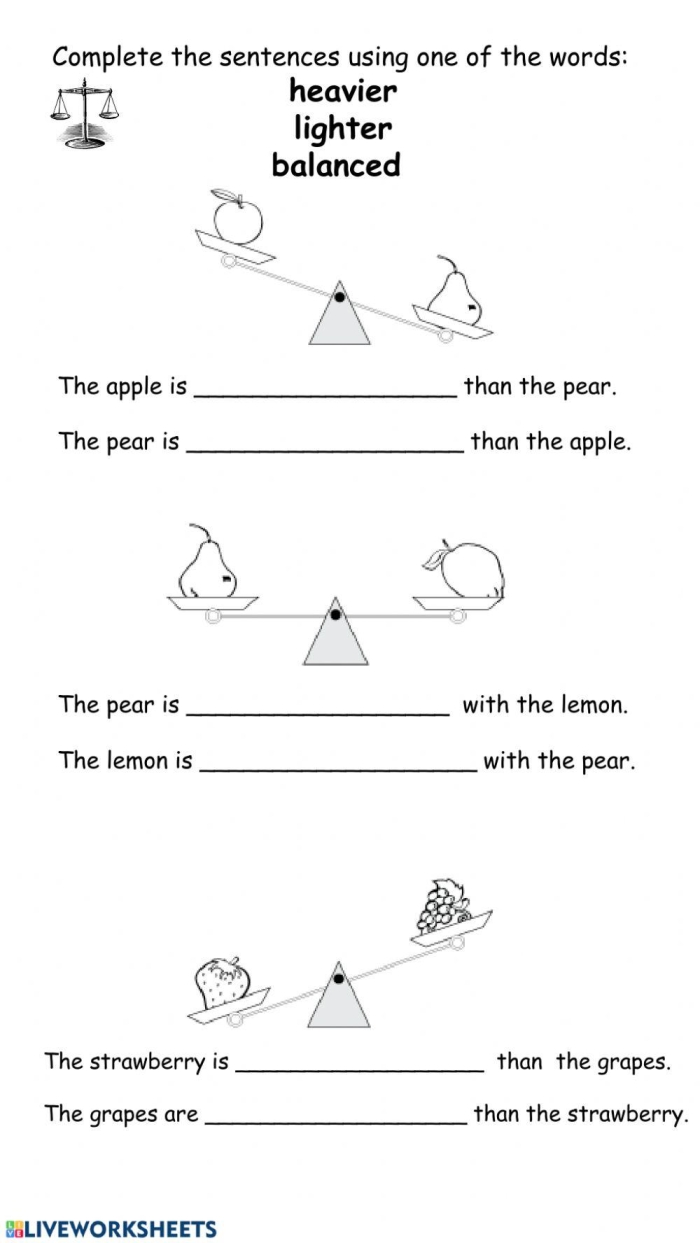 Worksheet helping young learners compare weights of objects from lightest to heaviest