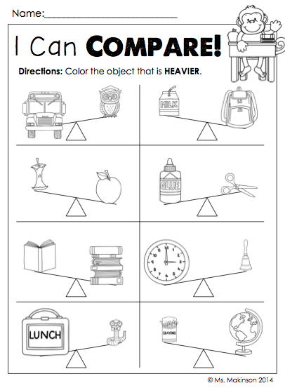 Worksheet for young children comparing weights of objects from lightest to heaviest