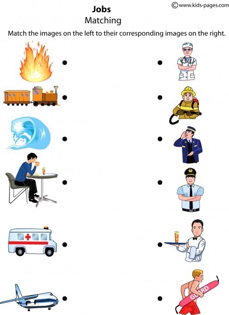 Whimsical Job Match worksheet for kindergarteners featuring five workers and their tools