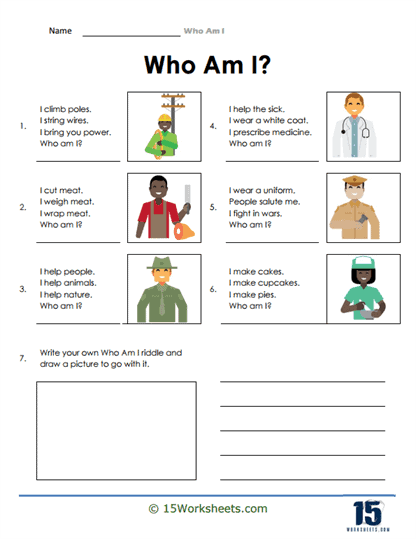 Pre-K worksheet image 22 focusing on numbers and counting activities Matching workers with their tasks in the Who Am I? worksheet for Pre-K students