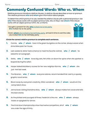 Sixth grade grammar worksheet focusing on the correct usage of who and whom in sentences