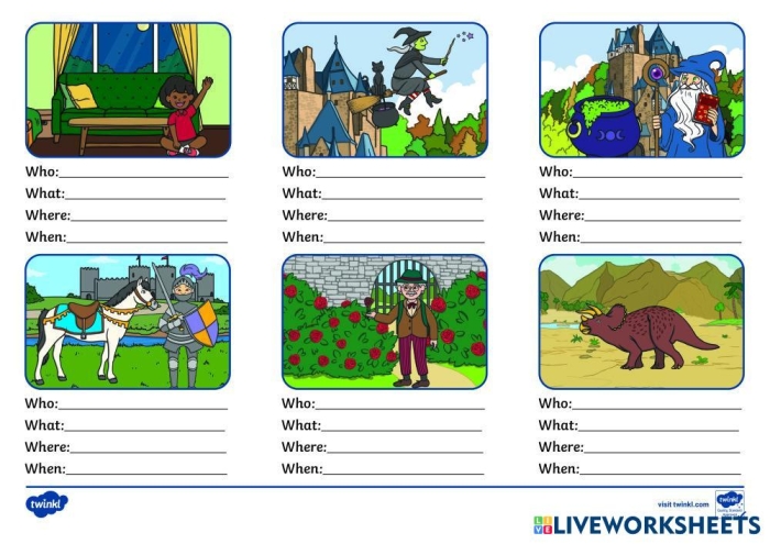 Graphic organizer to help capture characters, setting, and key events in fiction Who, What, Where worksheet for first graders focusing on fractions and story elements