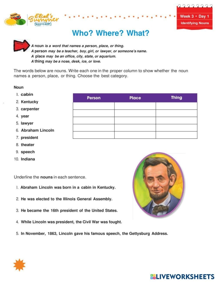 Fractions worksheet for First Grade Graphic organizer for first graders to identify characters, settings, and events in a story. Who, What, Where worksheet for understanding fiction.