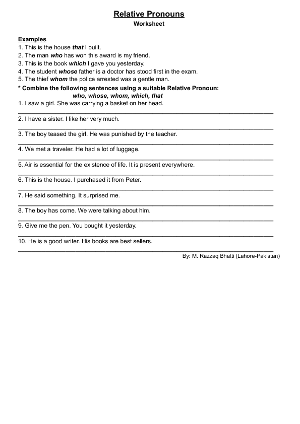 Worksheet for identifying the correct use of who and whom in sentences for third graders