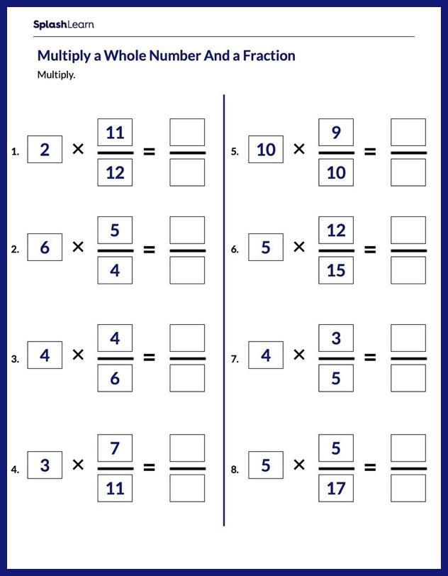 Fifth grade math worksheet showing multiplication problems with whole numbers and fractions for image 12