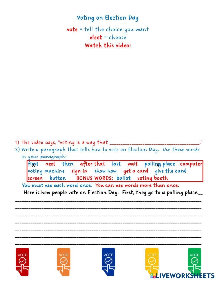 A fourth grade worksheet exploring the democratic process and why citizens cast ballots