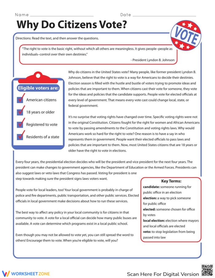 First grade students completing a social studies worksheet about voting and democracy with reading comprehension activities