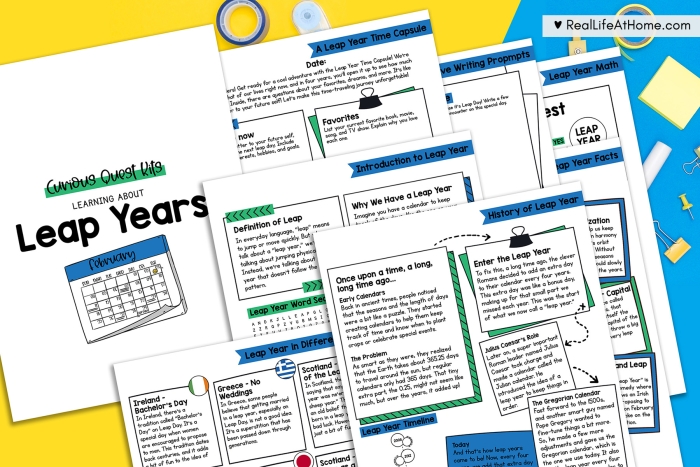 A colorful calendar illustration showing February 29th highlighted to explain why leap years occur every four years