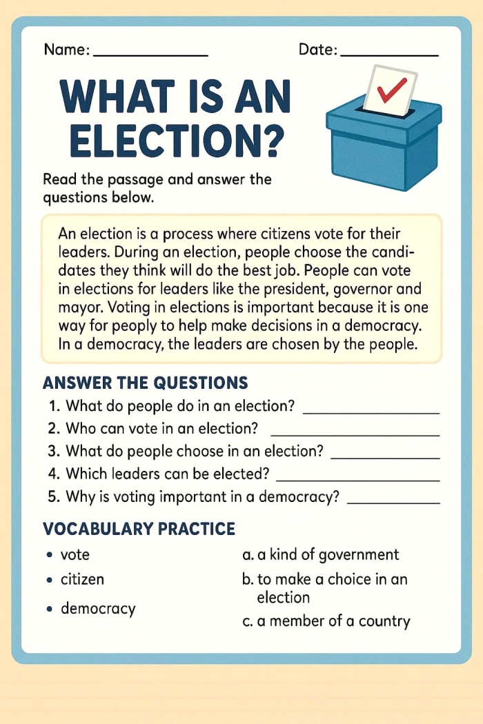 First grade worksheet explaining the importance of voting with basic subtraction problems