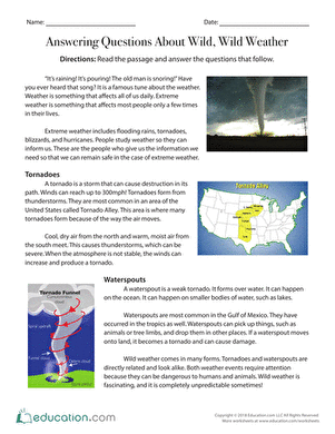 Answering Questions About Wild, Wild Weather worksheet for grade 3 students Worksheet illustrating text-dependent questions about wild weather for third graders